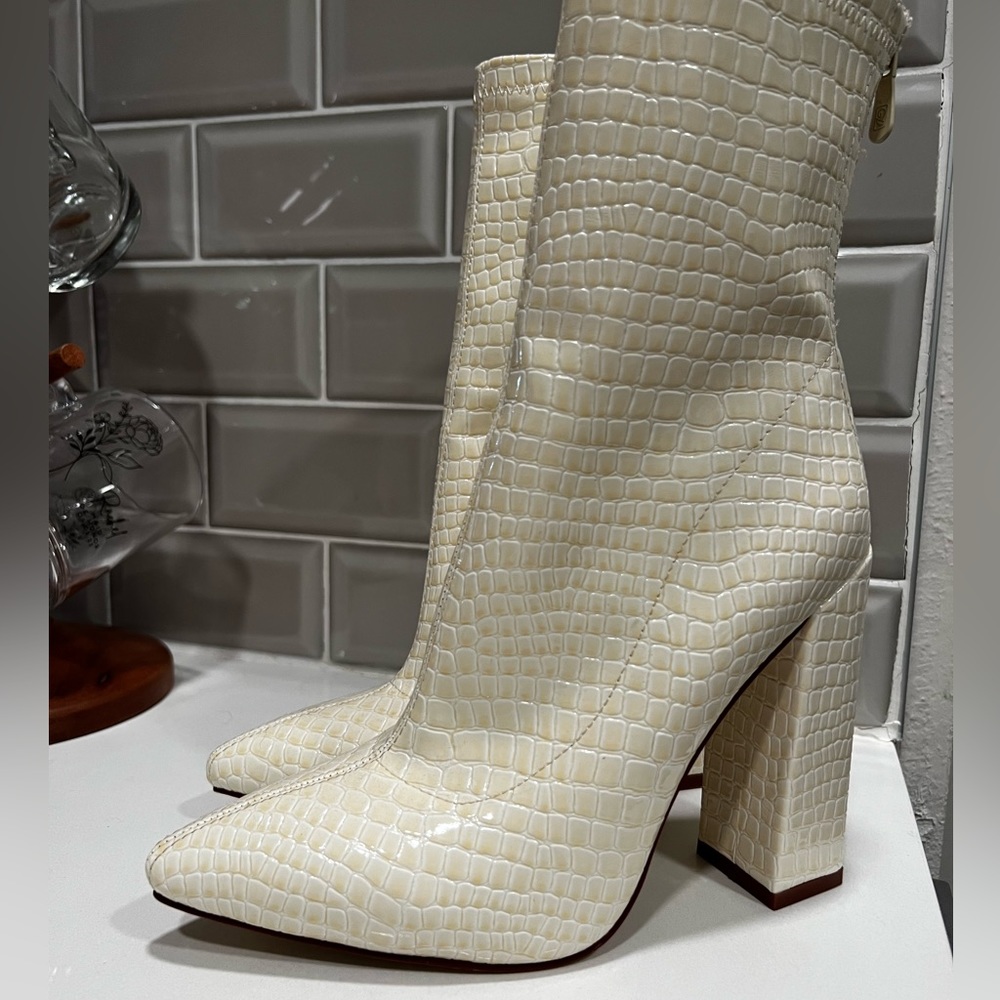 White Croc Block Heel Point Boot